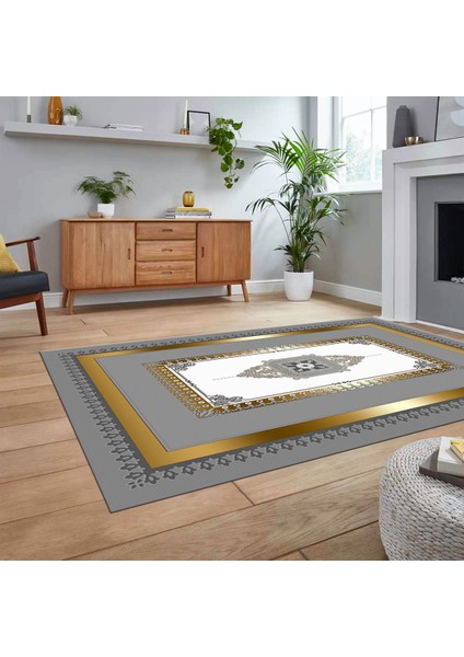 Dijital Baskılı Kaymaz Taban Yıkanabilir Çerçeveli Mutfak Salon Halısı, V-Çerçeveli-23-Gold,