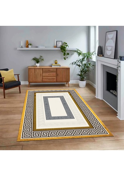 Dijital Baskılı Kaymaz Taban Yıkanabilir Çerçeveli Mutfak Salon Halısı, V-Çerçeveli-03-Gold,