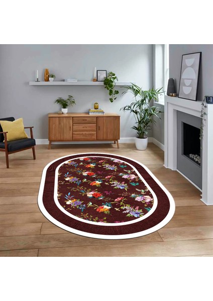 Dijital Kaymaz Taban Yıkanabilir Oval Çerçeveli Mutfak Salon Halısı, V-O-Çerçeveli-27-Bordo,