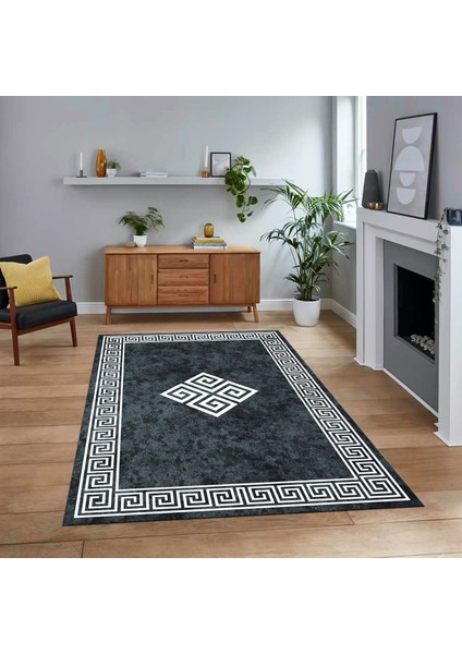 Dijital Baskılı Kaymaz Taban Yıkanabilir Çerçeveli Mutfak Salon Halısı, V-Çerçeveli-01-Füme,