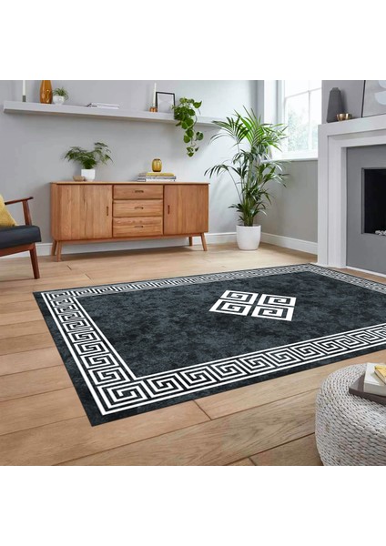 Dijital Baskılı Kaymaz Taban Yıkanabilir Çerçeveli Mutfak Salon Halısı, V-Çerçeveli-01-Füme,