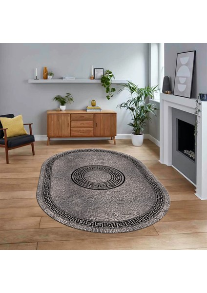 Dijital Kaymaz Taban Yıkanabilir Oval Çerçeveli Mutfak Salon Halısı, V-O-Çerçeveli-12-Gri,