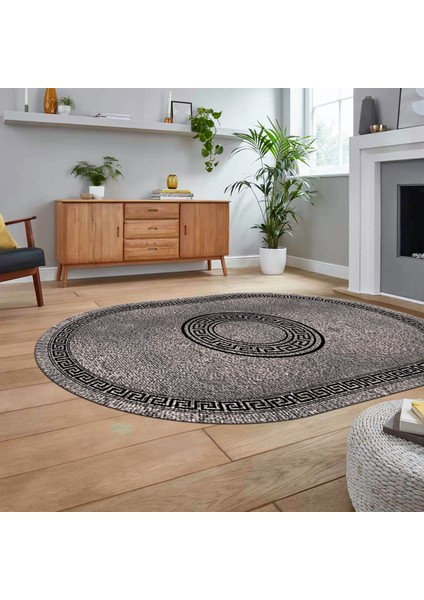 Dijital Kaymaz Taban Yıkanabilir Oval Çerçeveli Mutfak Salon Halısı, V-O-Çerçeveli-12-Gri,