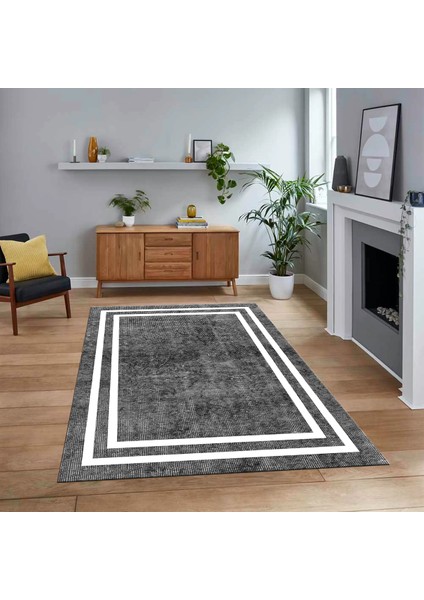 Dijital Baskılı Kaymaz Taban Yıkanabilir Çerçeveli Mutfak Salon Halısı, V-Çerçeveli-30-Gri,