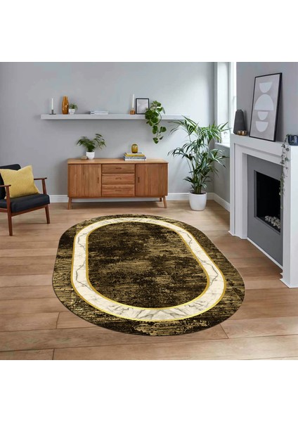Dijital Kaymaz Taban Yıkanabilir Oval Çerçeveli Mutfak Salon Halısı, V-O-Çerçeveli-18-Kahve,