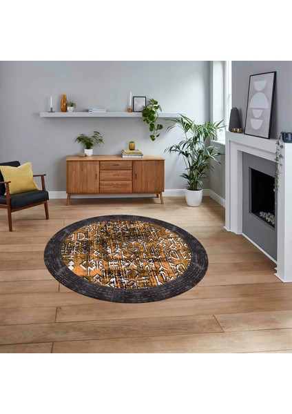 Dijital Kaymaz Taban Yıkanabilir Yuvarlak Çerçeveli Mutfak Salon Halısı, V-Y-Çerçeveli-16-Turuncu,