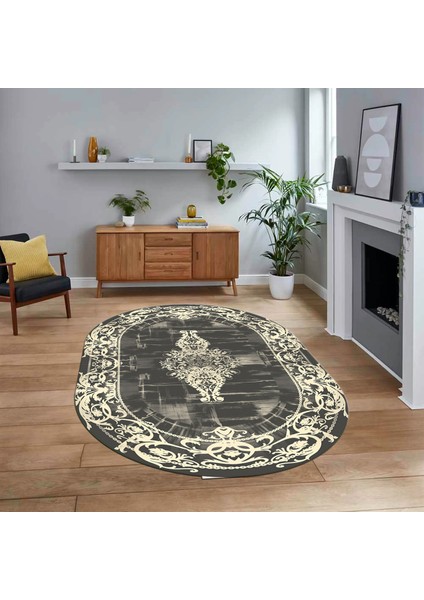 Dijital Kaymaz Taban Yıkanabilir Oval Çerçeveli Mutfak Salon Halısı, V-O-Çerçeveli-19-Krem,