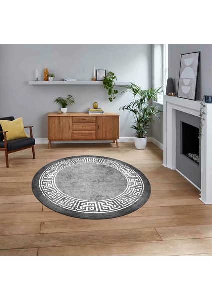 Dijital Kaymaz Taban Yıkanabilir Yuvarlak Çerçeveli Mutfak Salon Halısı, V-Y-Çerçeveli-36-Gri,