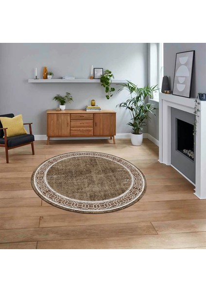 Dijital Kaymaz Taban Yıkanabilir Yuvarlak Çerçeveli Mutfak Salon Halısı, V-Y-Çerçeveli-31-Kahve,