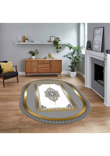 Dijital Kaymaz Taban Yıkanabilir Oval Çerçeveli Mutfak Salon Halısı, V-O-Çerçeveli-23-Gold,