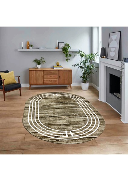 Dijital Kaymaz Taban Yıkanabilir Oval Çerçeveli Mutfak Salon Halısı, V-O-Çerçeveli-42-Kahve,
