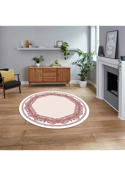 Dijital Kaymaz Taban Yıkanabilir Yuvarlak Çerçeveli Mutfak Salon Halısı, V-Y-Çerçeveli-34-Bordo,