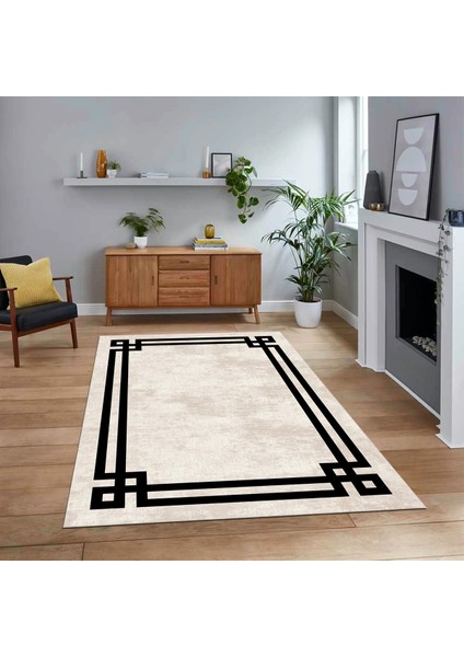 Dijital Baskılı Kaymaz Taban Yıkanabilir Çerçeveli Mutfak Salon Halısı, V-Çerçeveli-33-Krem,