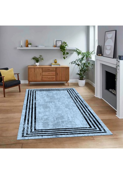Dijital Baskılı Kaymaz Taban Yıkanabilir Çerçeveli Mutfak Salon Halısı, V-Çerçeveli-06-Mavi,