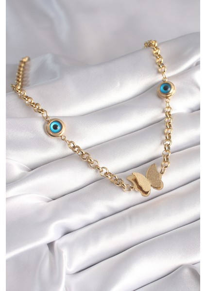 316L Çelik Gold Renk Simli Kelebek Figür Nazar Boncuk Detay Kadın Kolye fiyatları