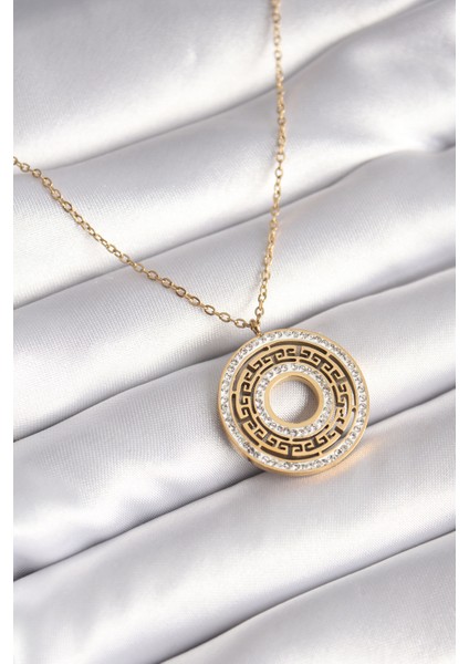 316L Çelik Gold Renk Zirkon Taşlı Labirent Işleme Model Kadın Kolye