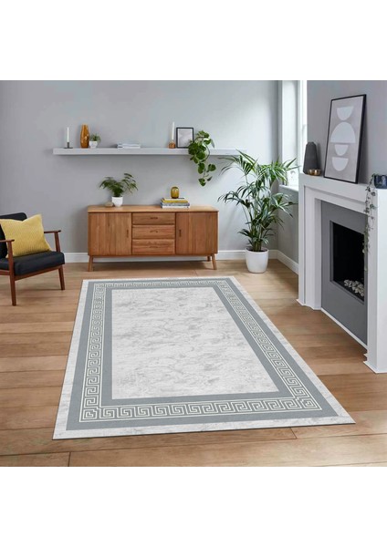 Dijital Baskılı Kaymaz Taban Yıkanabilir Çerçeveli Mutfak Salon Halısı, V-Çerçeveli-28-Gri,