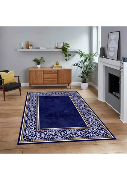 Dijital Baskılı Kaymaz Taban Yıkanabilir Çerçeveli Mutfak Salon Halısı, V-Çerçeveli-35-Lacivert,