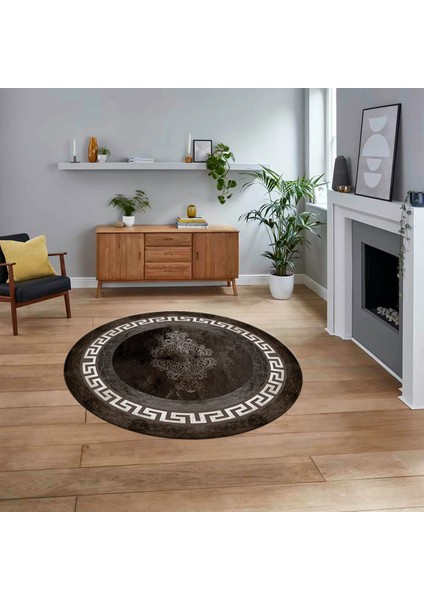 Dijital Kaymaz Taban Yıkanabilir Yuvarlak Çerçeveli Mutfak Salon Halısı, V-Y-Çerçeveli-02-Vizon,