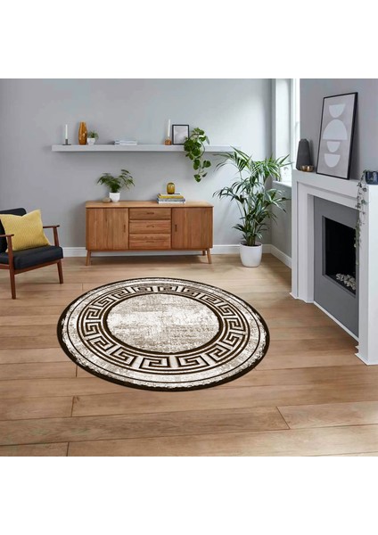 Dijital Kaymaz Taban Yıkanabilir Yuvarlak Çerçeveli Mutfak Salon Halısı, V-Y-Çerçeveli-09-Kahve,