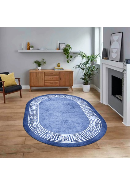 Dijital Kaymaz Taban Yıkanabilir Oval Çerçeveli Mutfak Salon Halısı, V-O-Çerçeveli-36-Mavi,