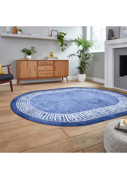 Dijital Kaymaz Taban Yıkanabilir Oval Çerçeveli Mutfak Salon Halısı, V-O-Çerçeveli-36-Mavi,