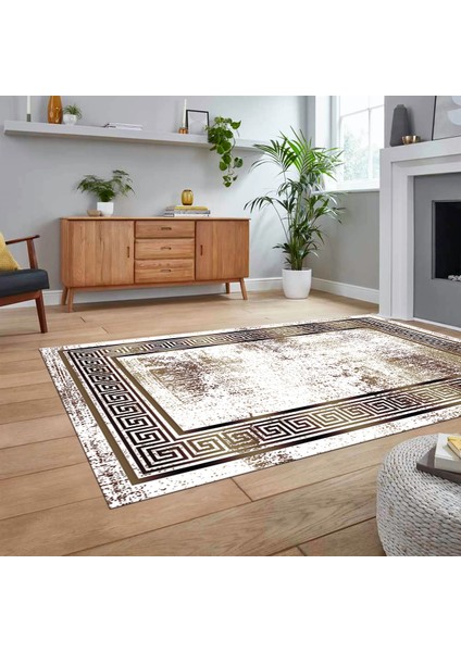 Dijital Baskılı Kaymaz Taban Yıkanabilir Çerçeveli Mutfak Salon Halısı, V-Çerçeveli-13-Kahve,