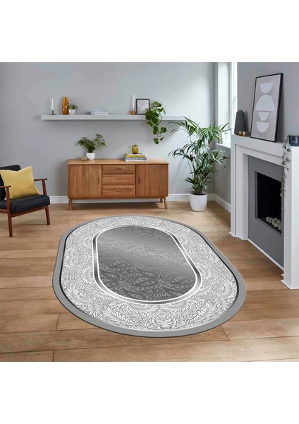 Dijital Kaymaz Taban Yıkanabilir Oval Çerçeveli Mutfak Salon Halısı, V-O-Çerçeveli-37-Gri,