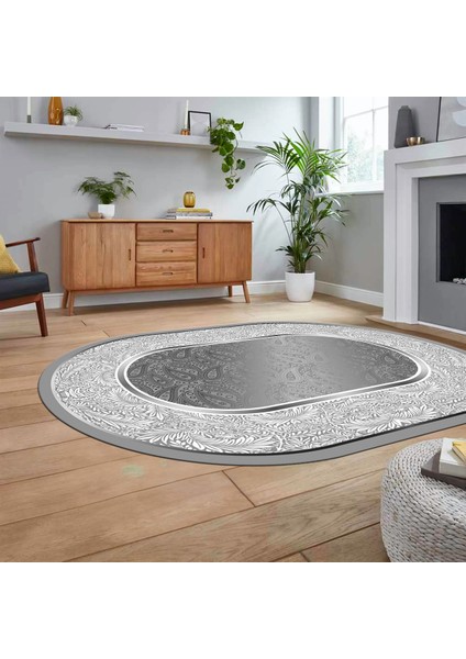 Dijital Kaymaz Taban Yıkanabilir Oval Çerçeveli Mutfak Salon Halısı, V-O-Çerçeveli-37-Gri, fiyatları