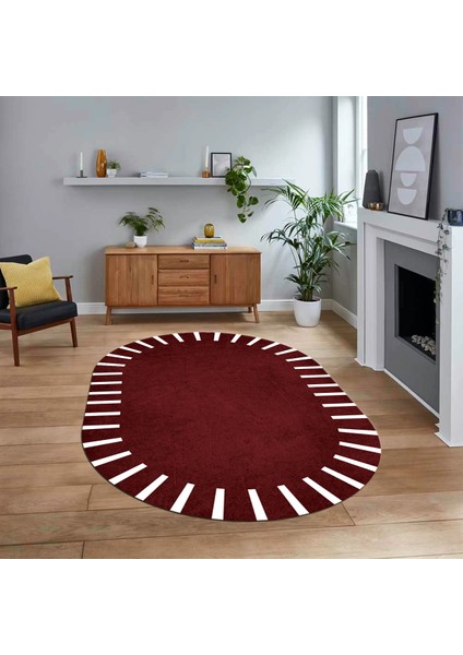 Dijital Kaymaz Taban Yıkanabilir Oval Çerçeveli Mutfak Salon Halısı, V-O-Çerçeveli-40-Bordo,