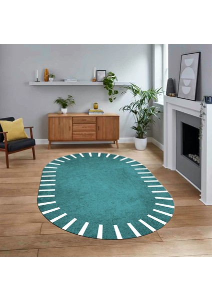 Dijital Kaymaz Taban Yıkanabilir Oval Çerçeveli Mutfak Salon Halısı, V-O-Çerçeveli-40-Mavi,