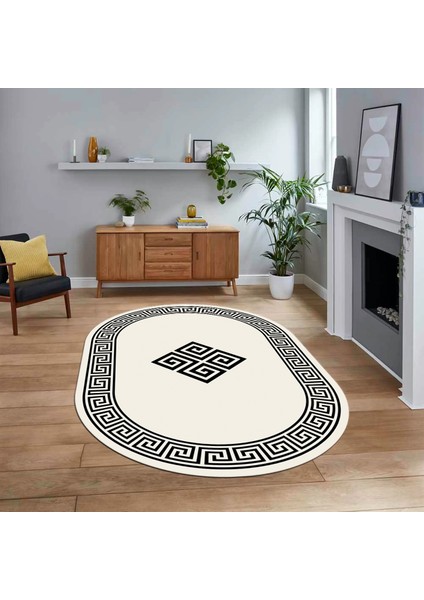 Dijital Kaymaz Taban Yıkanabilir Oval Çerçeveli Mutfak Salon Halısı, V-O-Çerçeveli-01-Krem,