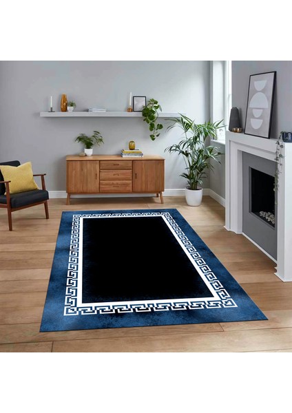 Dijital Baskılı Kaymaz Taban Yıkanabilir Çerçeveli Mutfak Salon Halısı, V-Çerçeveli-11-Mavi,