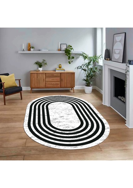 Dijital Kaymaz Taban Yıkanabilir Oval Çerçeveli Mutfak Salon Halısı, V-O-Çerçeveli-41-Antrasit,