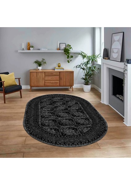 Dijital Kaymaz Taban Yıkanabilir Oval Çerçeveli Mutfak Salon Halısı, V-O-Çerçeveli-20-Antrasit,