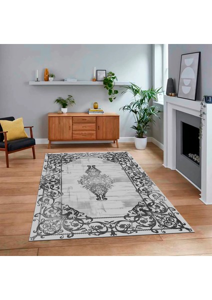 Dijital Baskılı Kaymaz Taban Yıkanabilir Çerçeveli Mutfak Salon Halısı, V-Çerçeveli-19-Gri,