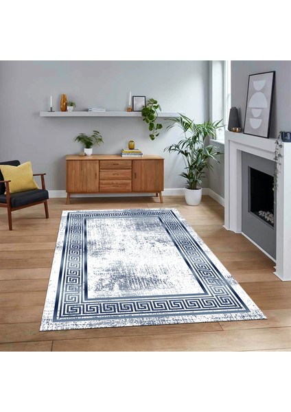 Dijital Baskılı Kaymaz Taban Yıkanabilir Çerçeveli Mutfak Salon Halısı, V-Çerçeveli-13-Mavi,
