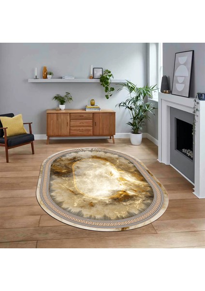 Dijital Kaymaz Taban Yıkanabilir Oval Çerçeveli Mutfak Salon Halısı, V-O-Çerçeveli-25-Kahve,