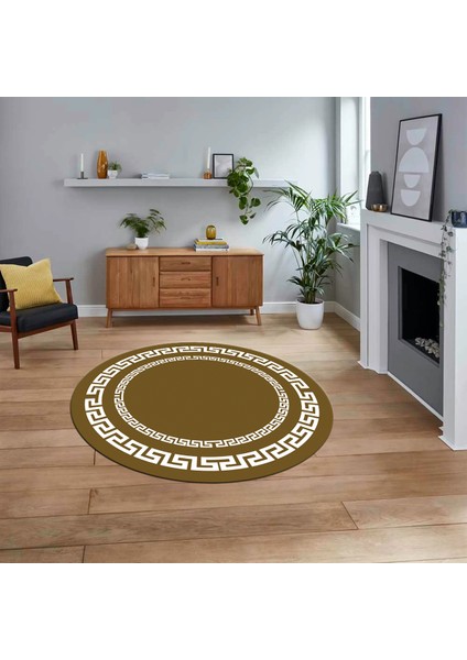 Dijital Kaymaz Taban Yıkanabilir Yuvarlak Çerçeveli Mutfak Salon Halısı, V-Y-Çerçeveli-47-Kahve,