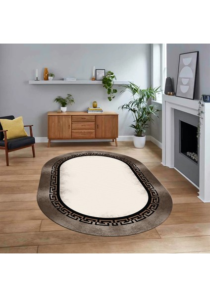 Dijital Kaymaz Taban Yıkanabilir Oval Çerçeveli Mutfak Salon Halısı, V-O-Çerçeveli-11-Kahve,