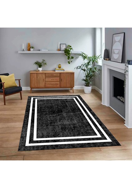 Dijital Baskılı Kaymaz Taban Yıkanabilir Çerçeveli Mutfak Salon Halısı, V-Çerçeveli-30-Siyah,