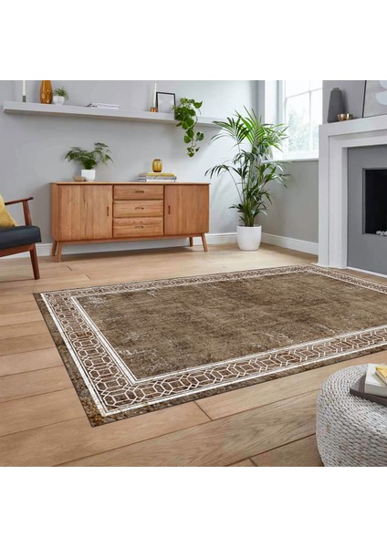 Dijital Baskılı Kaymaz Taban Yıkanabilir Çerçeveli Mutfak Salon Halısı, V-Çerçeveli-31-Kahve,