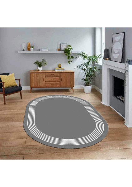 Dijital Kaymaz Taban Yıkanabilir Oval Çerçeveli Mutfak Salon Halısı, V-O-Çerçeveli-45-Gri,