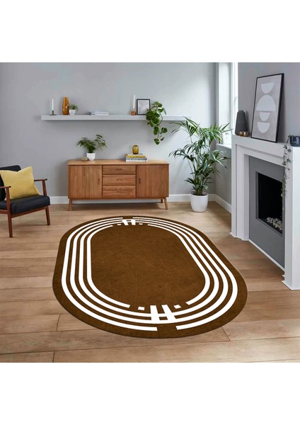 Dijital Kaymaz Taban Yıkanabilir Oval Çerçeveli Mutfak Salon Halısı, V-O-Çerçeveli-44-Kahve,