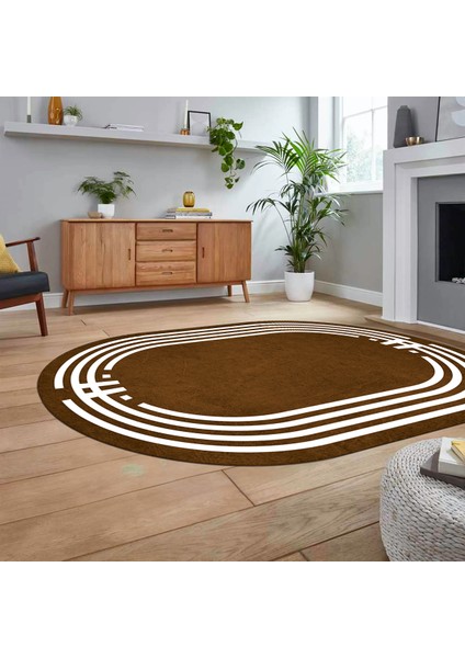 Dijital Kaymaz Taban Yıkanabilir Oval Çerçeveli Mutfak Salon Halısı, V-O-Çerçeveli-44-Kahve,