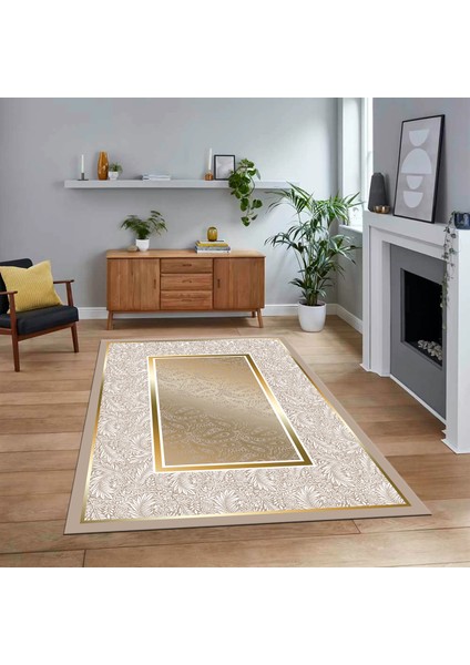 Dijital Baskılı Kaymaz Taban Yıkanabilir Çerçeveli Mutfak Salon Halısı, V-Çerçeveli-37-Gold,