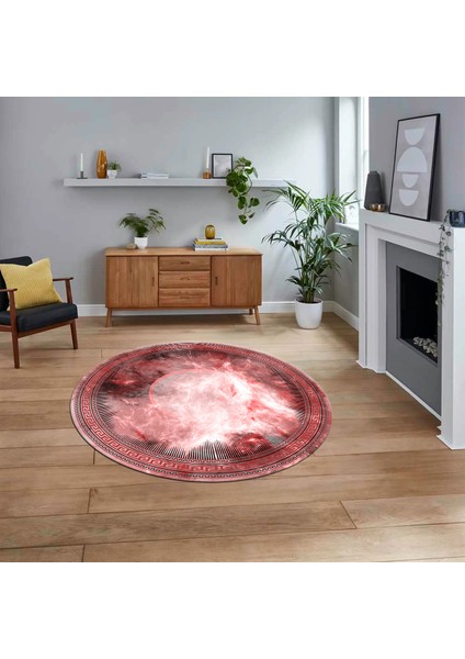 Dijital Kaymaz Taban Yıkanabilir Yuvarlak Çerçeveli Mutfak Salon Halısı, V-Y-Çerçeveli-25-Pembe,