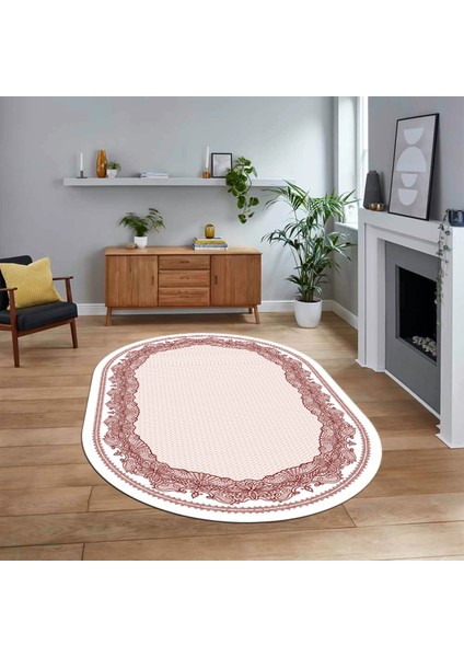 Dijital Kaymaz Taban Yıkanabilir Oval Çerçeveli Mutfak Salon Halısı, V-O-Çerçeveli-34-Bordo,