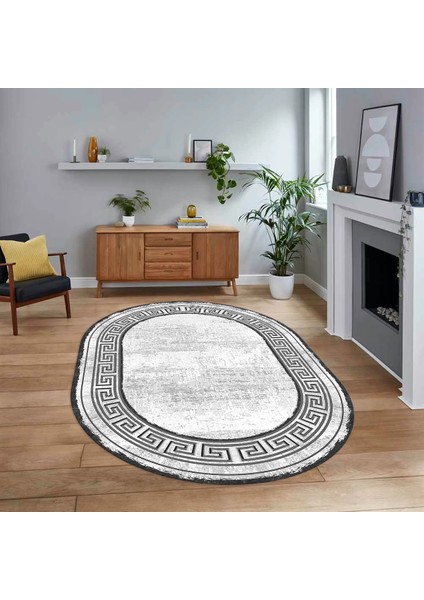 Dijital Kaymaz Taban Yıkanabilir Oval Çerçeveli Mutfak Salon Halısı, V-O-Çerçeveli-09-Gri,