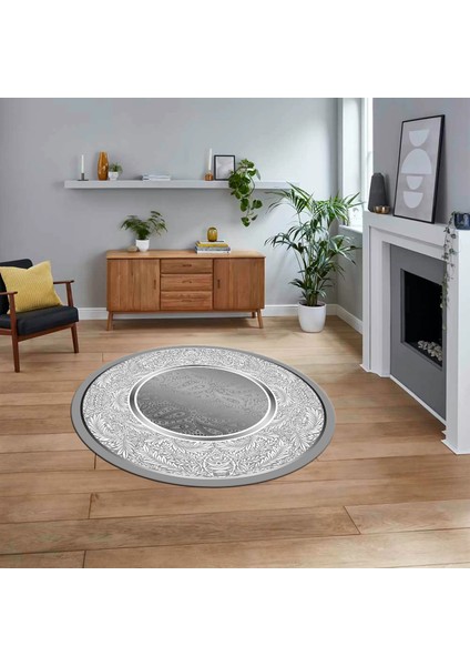 Dijital Kaymaz Taban Yıkanabilir Yuvarlak Çerçeveli Mutfak Salon Halısı, V-Y-Çerçeveli-37-Gri,